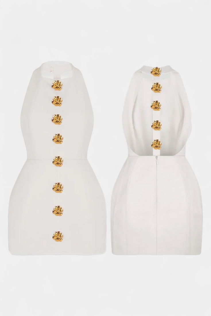 Yvonne Vestido Mini Escote Halter con Espalda Abierta y Detalle Floral