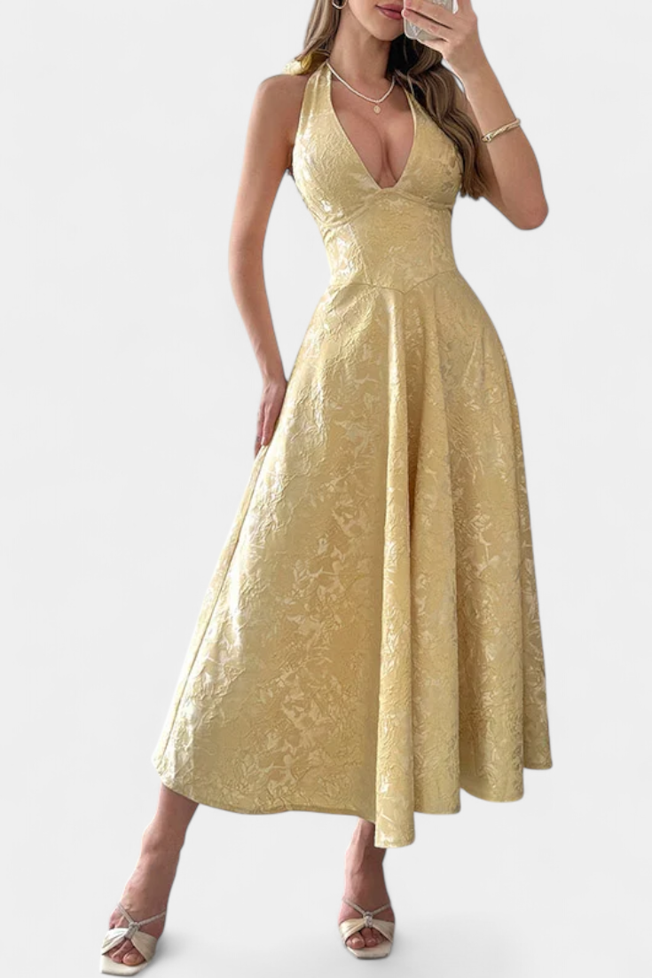 Gilda Vestido Midi Jacquard con Espalda Abierta y Cintura Alta