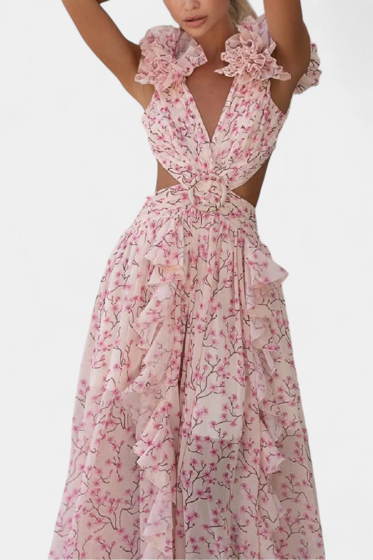 Zuleika Vestido de Chifón con Volantes y Aberturas Laterales