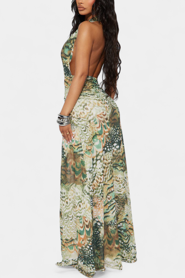 Zephyra Vestido Maxi Halter de Encaje con Abertura