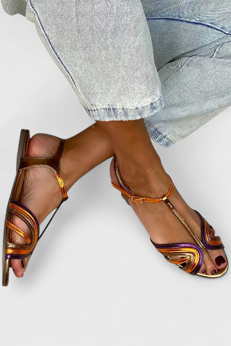 Raluca Sandalias Doradas con Correa en T Multicolor y Hebilla