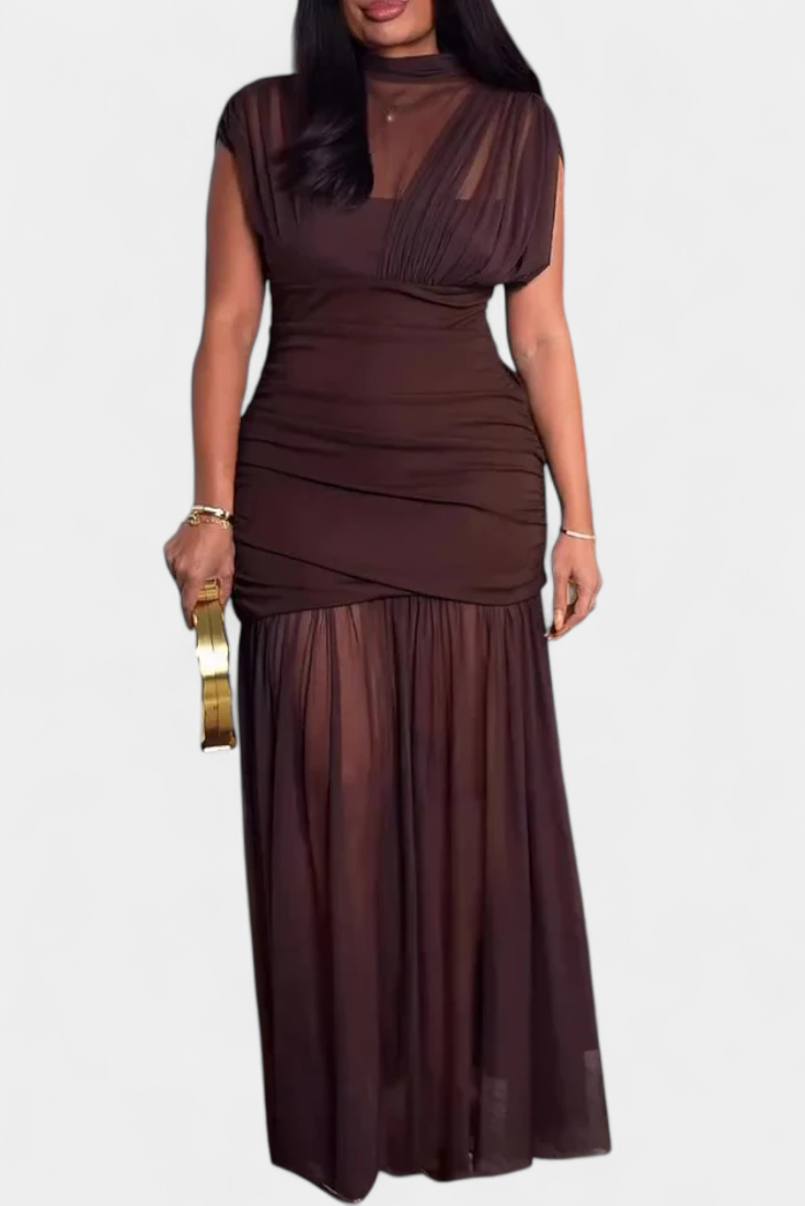 Noelia Vestido Bodycon de Malla Plisada Marrón