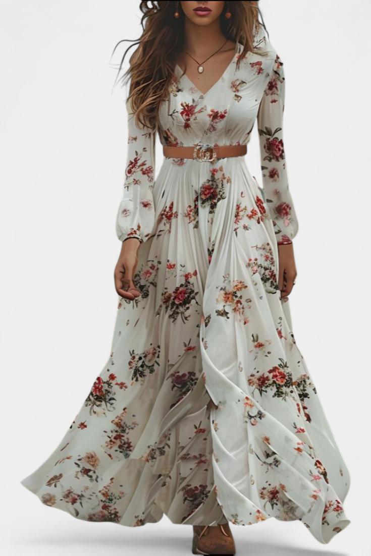 Amanda Vestido Maxi Floral con Cuello en V y Mangas Largas