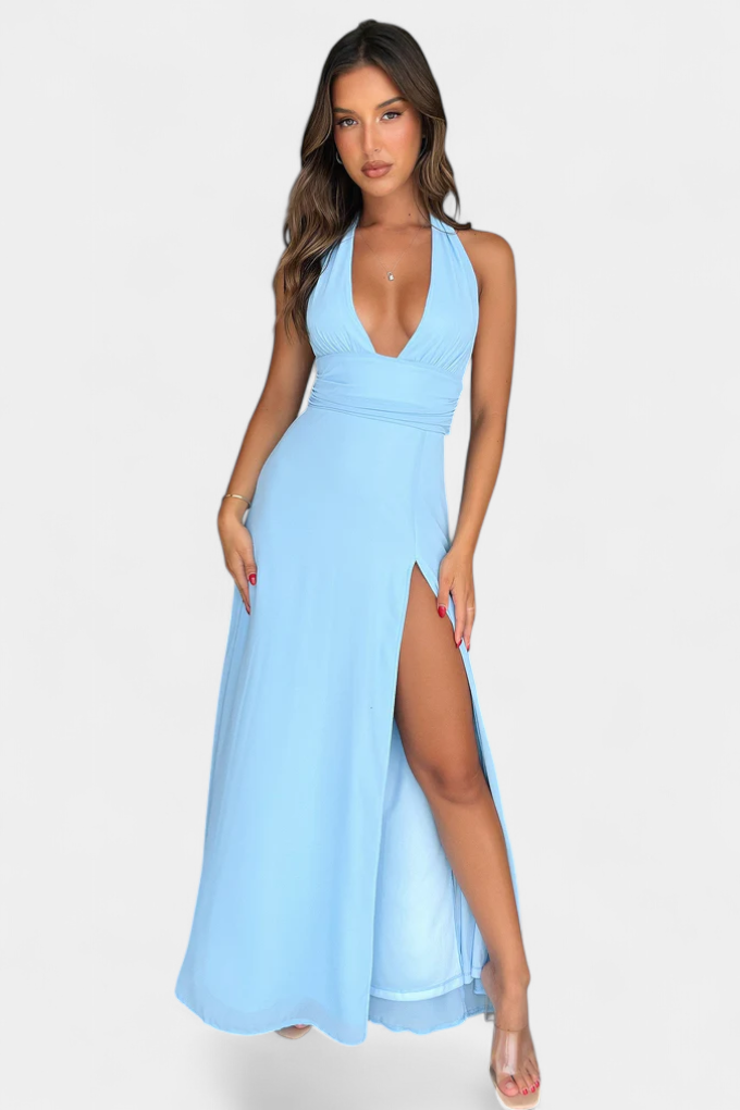 Latisha Vestido de Cuello Halter y Gran Abertura